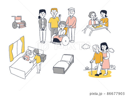 介護に関するイラストセット　コミカルな手書きの人物イラスト　ベクター線画にシンプルな色つけ　白バック 86677903