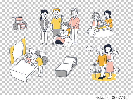 Illustration set related to long-term care, comical handwritten person illustration, simple coloring on vector line drawing, white background 86677903