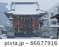 吹雪の中にたたずむ神社の社 雪と神社の拝殿 86677916