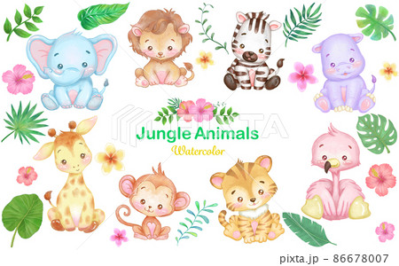 可愛い動物の赤ちゃんと植物のイラストセット 水彩画のイラスト素材