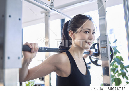 スポーツジムでトレーニングをする若い女性 スポーツジムでトレーニングをする若い女性 86678755