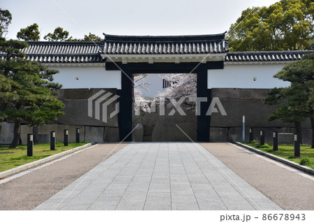 日本の大阪府　春の大阪城公園　満開の桜と伝統的な入城門 86678943