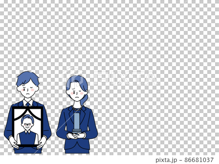 遺影や位牌を持つ喪主と家族 86681037