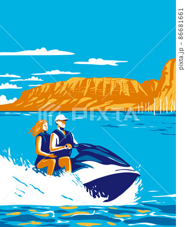 Cedar Bluff State Park with Couple Riding Jet Ski in Cedar Bluff Reservoir in Kansas USA WPA Poster Art Cedar Bluff State Park with Couple Riding Jet Ski in Cedar Bluff Reservoir in Kansas USA WPA Poster Art 86681661