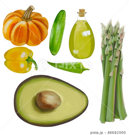 イラスト野菜セット− アスパラガス、かぼちゃ、キュウリ、アボカド、オリーブオイル、おくら、パプリカ 86682000