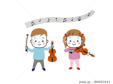 バイオリンを演奏している男の子と女の子　五線譜 86682041