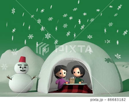 雪のかまくら、こたつで餅を焼く子どもたち 86683182