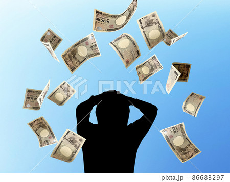 舞い落ちるたくさんの一万円札と頭を抱える人のシルエット_青空背景 86683297