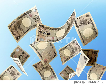 舞い落ちるたくさんの一万円札_青空背景 86683437