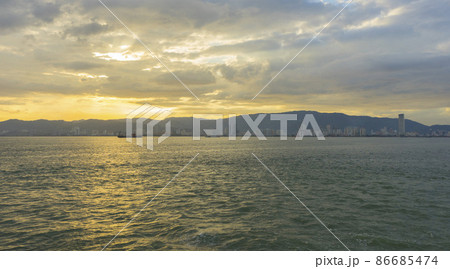 Georgetown cityscape and sea at sunset in Penang, Malaysia. 86685474