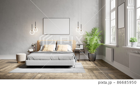 Modern beautiful interior of the room with white walls, large windows and stylish furniture. Bright and stylish design. 3D rendering 86685950