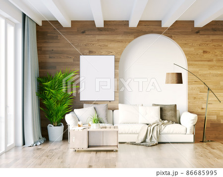 Modern beautiful interior of the room with light walls, large windows and stylish furniture. Bright design in Scandinavian style. 3D rendering 86685995