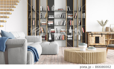 Modern stylish interior of the living room, a room with a staircase, wooden floor and a large window. 3D rendering 86686002