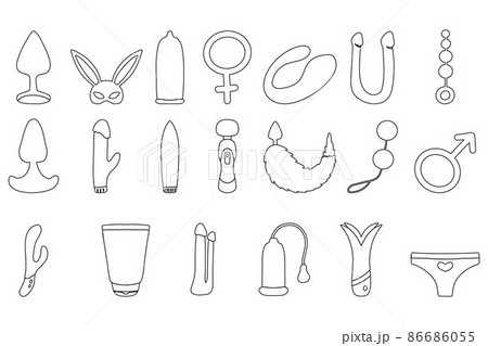 Vector set of sex toys icons. Sex shop icons set. Cute bright icons for an adult store. 86686055
