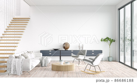 Modern stylish interior of the living room, a room with a staircase, wooden floor and a large window. 3D rendering Modern stylish interior of the living room, a room with a staircase, wooden floor and a large window. 3D rendering 86686188