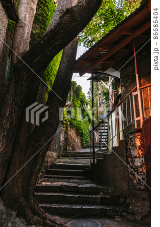 beautiful historical street with ancient architecture in the seaside town 86686404