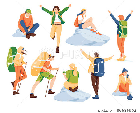 Set of characters of backpackers on a white background. Hiking and walking moutains. Flat vector illustration 86686902