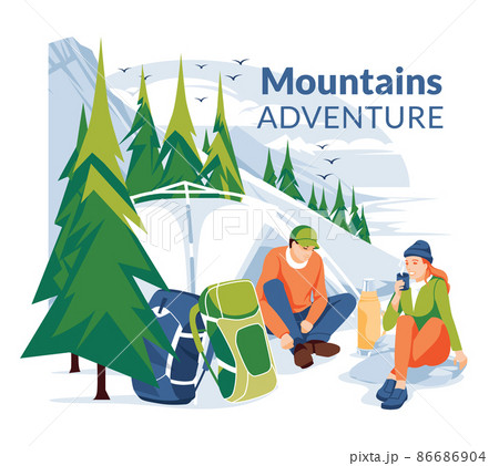 Adventure in the mountains poster. A couple of young people are sitting near the tent and resting with backpacks against the backdrop of a mountain landscape with a coniferous forest. Shore of a mount 86686904