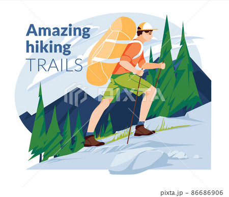 Hiking poster. A young man climbs a mountain with a backpack on the background of a mountain landscape with a coniferous forest. flat vector illustration 86686906