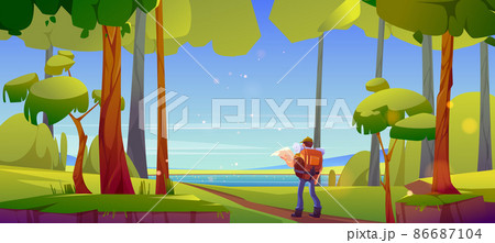 Hiker man in forest on river shore 86687104