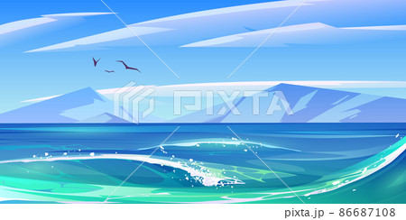 Sea with waves and mountains on horizon 86687108