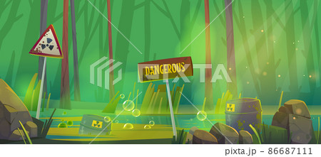 Stench dirty swamp with toxic waste barrels 86687111