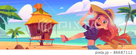 Happy girl on sea beach with bungalow 86687112
