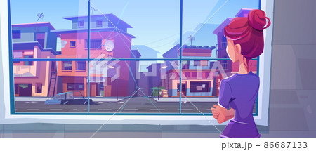 Lonely woman stand at cracked window rear view 86687133