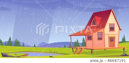 Wooden stilt house at rainy weather, old shack 86687191