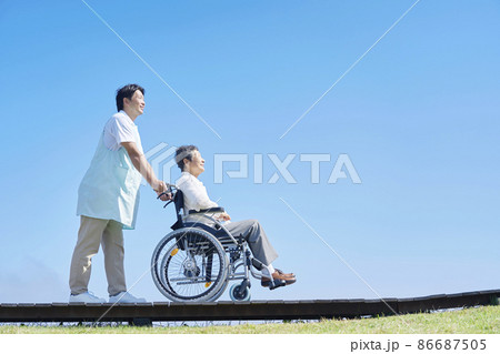 介護士と車椅子に乗る高齢者 屋外 介護士と車椅子に乗る高齢者 屋外 86687505