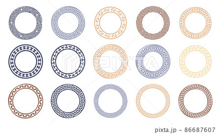 Circle greek frames. Round meander borders. Decoration elements patterns. Vector illustration isolated on white background. Circle greek frames. Round meander borders. Decoration elements patterns. Vector illustration isolated on white background. 86687607
