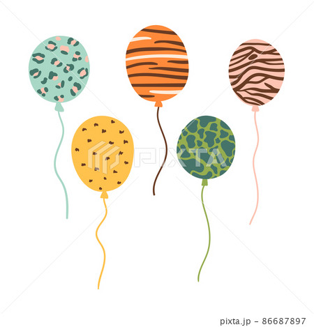 Festive wild balloons isolated elements set, Bright wild animals print balloons decorative collection. Wild jungle party balloons Vector illustration. Cheerful cartoon balloons for kids birthday party Festive wild balloons isolated elements set, Bright wild animals print balloons decorative collection. Wild jungle party balloons Vector illustration. Cheerful cartoon balloons for kids birthday party 86687897