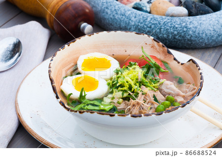 traditional Japanese ramen soup with beef in the restaurant traditional Japanese ramen soup with beef in the restaurant 86688524