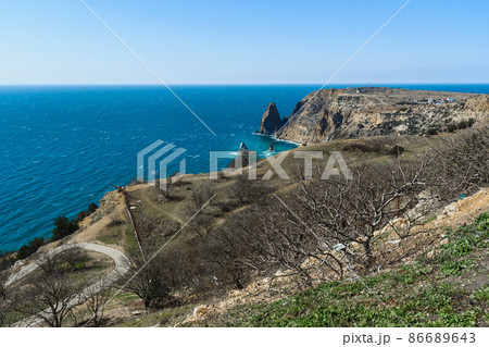 View of Cape Fiolent from the top of the cliff in spring. Sevastopol, Crimea 86689643