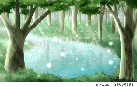 日差しの刺す森林の泉のイラスト素材