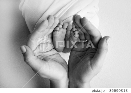 The palms of the father, the mother are holding the foot of the newborn baby. Feet of the newborn on the palms of the parents. Photography of a child's toes, heels and feet. Black and white photo. 86690318