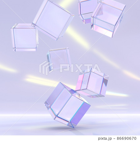 Abstract geometric purple background with flying crystal cubes or blocks, refraction effect of rays in glass. Clear square boxes of acrylic or plexiglass in dispersion light, modern 3d wallpaper 86690670