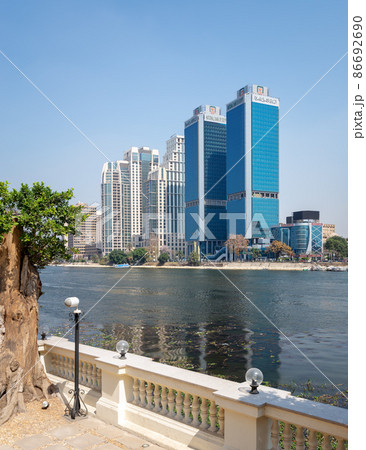 Cairo city view from River Nile overlooking Head Office of National Bank of Egypt and St. Regis hotel, Egypt 86692690