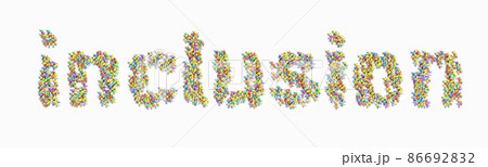 「インクルージョン」の文字の形に並んだ人々の3Dイラスト素材 86692832