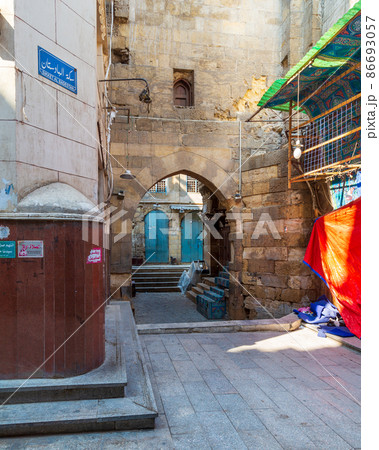 Historic Mamluk era Khan al-Khalili bazaar and souq, closed during Covid-19 lockdown, Cairo, Egypt 86693057