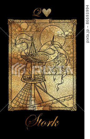 Stork card from the oracle Old Marine Lenormand deck with the bird sitting in nest. Nautical vintage background with grunge paper texture, pirate adventures concept.   86693994