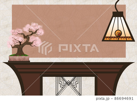 桜の盆栽とペンダントライトの飾りアール デコ調カップボード背景イラスト ピンクベージュテキストエリアのイラスト素材