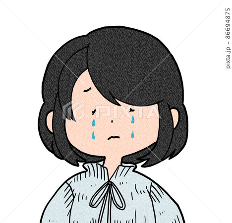 悲しい表情の女性ゆるいキャラクター黒髪のイラスト素材