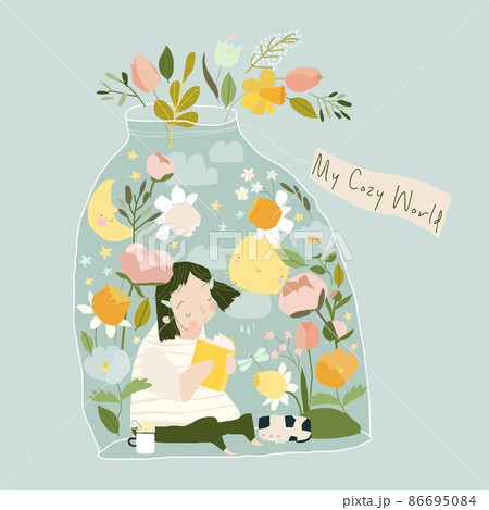 Cute Girl reading Book surrounded by Flowers 86695084