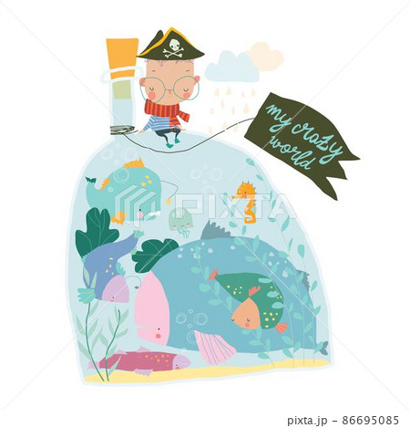Cartoon Boy sitting on Big Bottle with Fishes 86695085