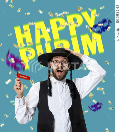 Bright contemporary art collage with happy young orthodox jewish man during festival purim. Holiday, celebration, tradition, ad concept. Bright contemporary art collage with happy young orthodox jewish man during festival purim. Holiday, celebration, tradition, ad concept. 86695142