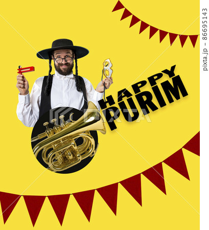 Bright contemporary art collage with happy young orthodox jewish man during festival purim. Holiday, celebration, tradition, ad concept. Bright contemporary art collage with happy young orthodox jewish man during festival purim. Holiday, celebration, tradition, ad concept. 86695143