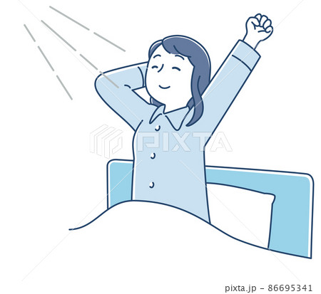 朝スッキリ目覚めて伸びをする女性のイラスト素材