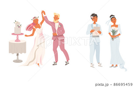 Affectionate Newlyweds Couple as Just Married Male and Female Dancing and Reading Wedding Vow Vector Illustration Set Affectionate Newlyweds Couple as Just Married Male and Female Dancing and Reading Wedding Vow Vector Illustration Set 86695459
