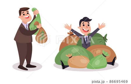 Rich Businessman Character Among Sacks with Dollar Banknotes Vector Illustration Set Rich Businessman Character Among Sacks with Dollar Banknotes Vector Illustration Set 86695469